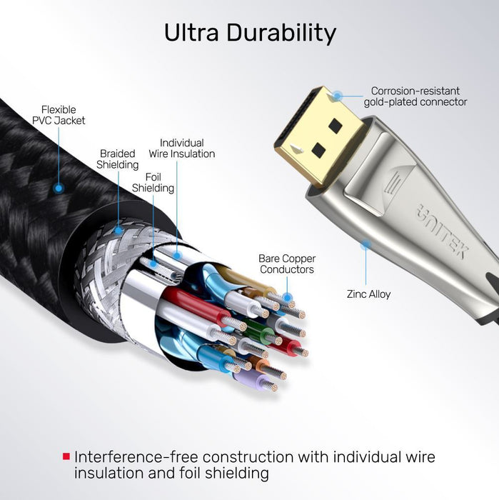 UNITEK 2m DisplayPort V1.4 Cable. (FUHD) Supports up to 8K. Max. Res 7680x4320@6