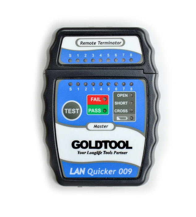 GOLDTOOL LAN Quick Tester. Test RJ45/UTP; RJ45 / STP Cabling. OPEN; SHORT & CROS