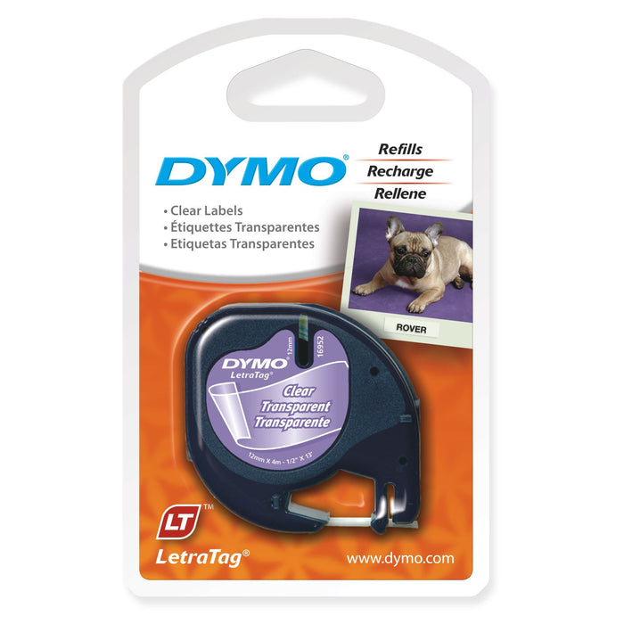 DYMO Genuine LetraTag Labeller Plastic Tape 12mm x 4M. Black on Clear,  Tear-res