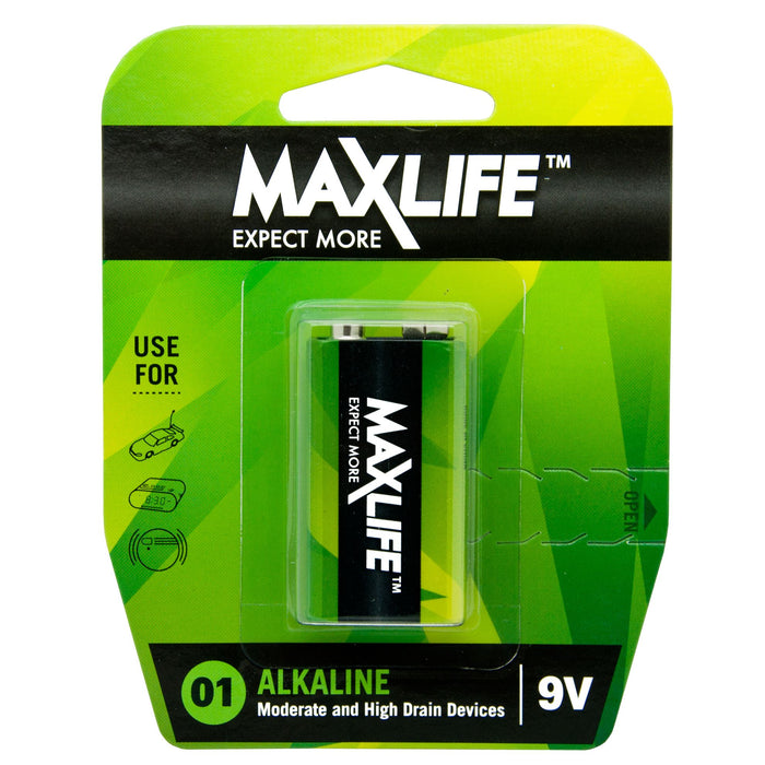 MAXLIFE 9V Alkaline Battery 1 Pack Long Lasting Alkaline Formula. Designed For E