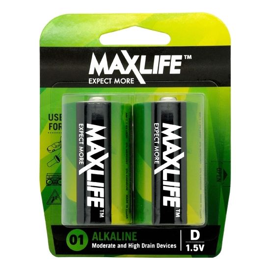 MAXLIFE D Alkaline Battery 2 Pack Long Lasting Alkaline Formula. Designed For Ev