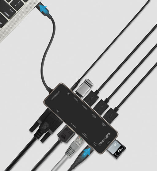 PROMATE 11-in-1 USB Multi-Port Hub with USB-C Connector. Includes 100W PD, Dual