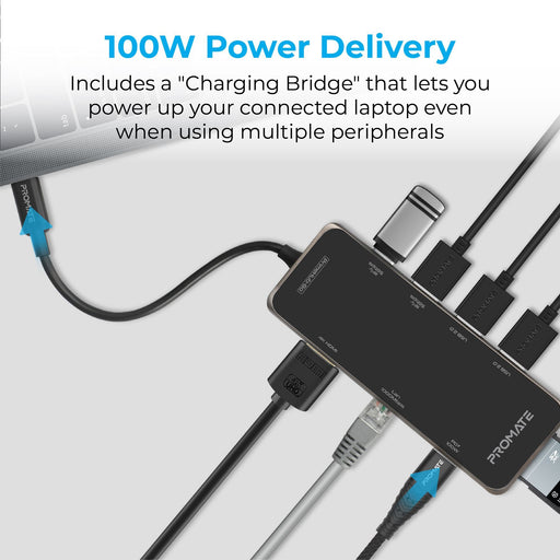PROMATE 9-in-1 USB Multi-Port Hub with USB-C Connector. Includes 100W PD, 4K HDM