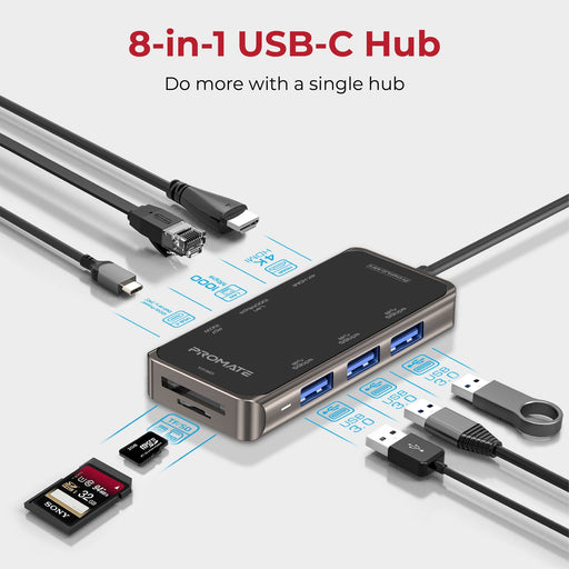 PROMATE 8-in-1 USB Multi-Port Hub with USB-C Connector. Includes 100W PD, 4K HDM
