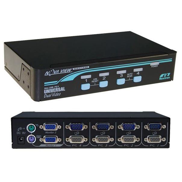 REXTRON 1-4 USB/PS2 Dual Video (VGA) KVM Switch. 4x 1.8m USB leads incl.  Black
