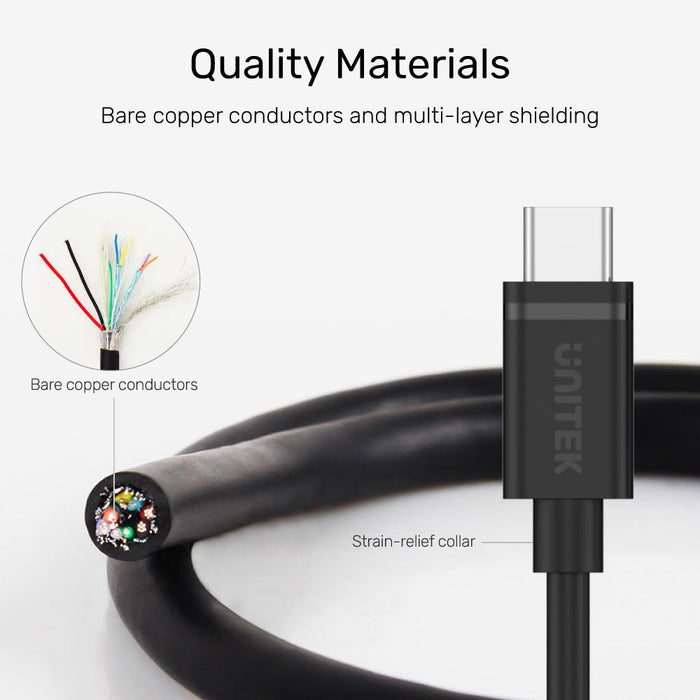 UNITEK 1m USB 3.1 USB-C Male to USB-C Male Cable. Supports up to 60W Power Deliv