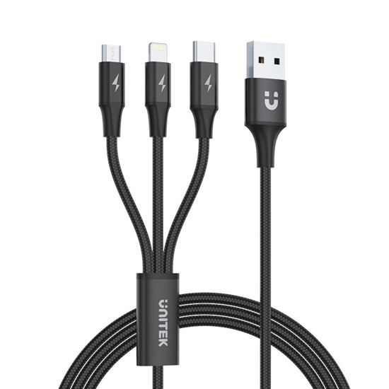 UNITEK 1.2m USB 3-in-1 Charge Cable. Integrated USB-A to Micro-B, Lightning Conn
