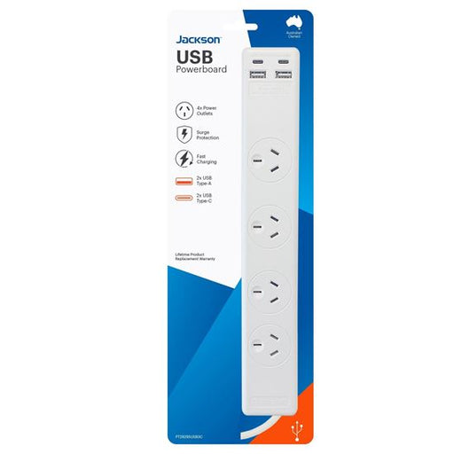 JACKSON 4-Way Surge Protected Powerboard with 2x USB-A & 2x USB-C 3.4A Ports