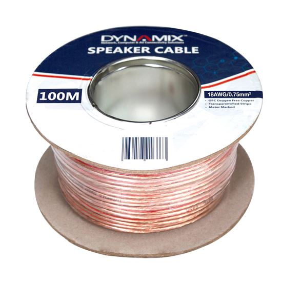 DYNAMIX 100m 18AWG PVC Speaker Cable. Bare Copper. Metre Marked. Transparent