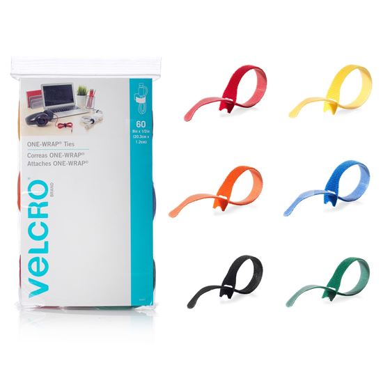 VELCRO One-Wrap 203mm x 12m Multicolour Pre-Cut Cable Ties. 60 Piece Pack (10 Ti