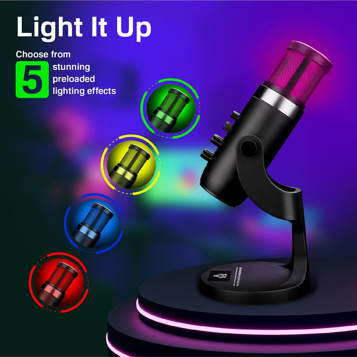 VERTUX Cardioid Gaming Microphone with 5 Mode RGB LED Light. One Touch Mute, USB