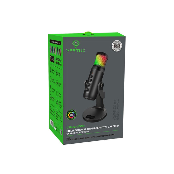 VERTUX Cardioid Gaming Microphone with 5 Mode RGB LED Light. One Touch Mute, USB