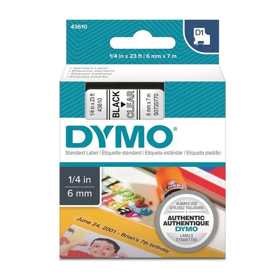 DYMO Genuine D1 Label Cassette Tape 6mm x 7M; Black on Clear Suitable for the La - LX2001 - Homewares, Outdoor, Phone Accessories, Cases, Speakers, Headphones + More -