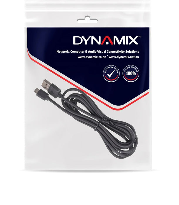 DYNAMIX 5m USB 2.0 Micro-B Male to USB-A Male Connectors. Colour Black.