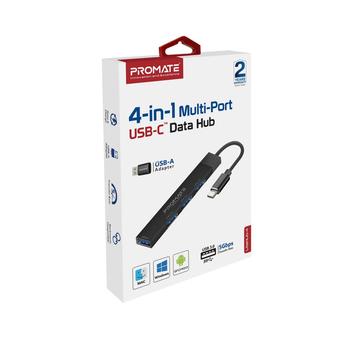 PROMATE 4-in-1 Ultra-Slim Multi Port Hub. Includes USB-C & USB-A Adapter. 4x USB