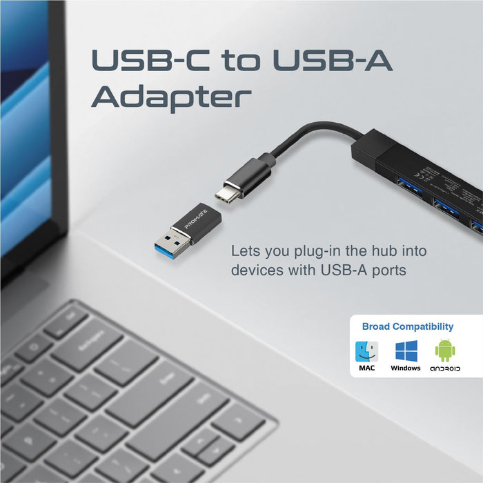 PROMATE 4-in-1 Ultra-Slim Multi Port Hub. Includes USB-C & USB-A Adapter. 4x USB