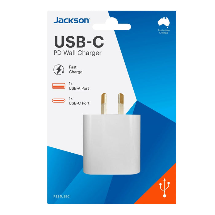 JACKSON 18W Dual Port USB Wall Charger 1x USB USB-C Ports Fast Charge 18W PD
