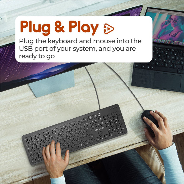 PROMATE Compact Wired Keyboard and Mouse Combo. Full Sized Low Profile Keyboard