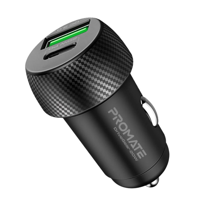 PROMATE 20W Dual Port Car Charger with QC3.0 and USB-C Port. Charge two Devices