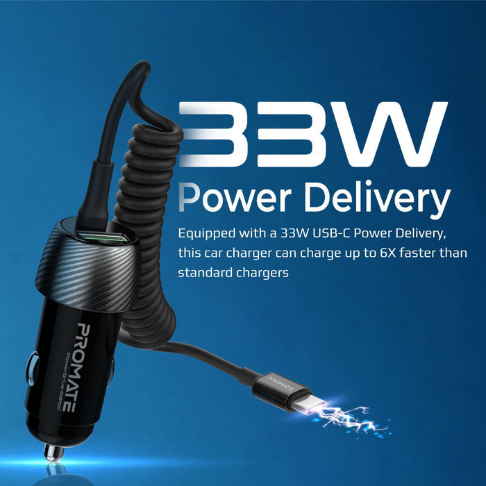 PROMATE 33W Car Charger with USB-C Cable. Output USB-A and USB-C. Qualcomm 3.0 1