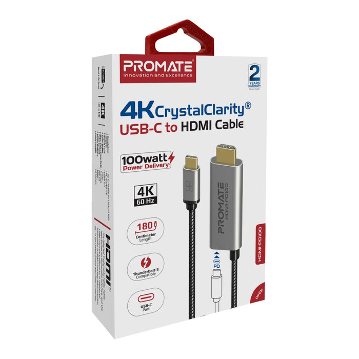 PROMATE 1.8m 4K USB-C to HDMI Cable with Gold Plated Connectors. Supports Max Re