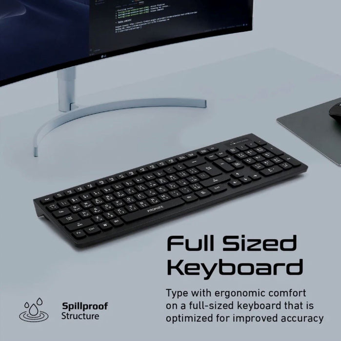 PROMATE Full Size Wireless Keyboard and Mouse. Spillproof Ergonomic Design. Buil