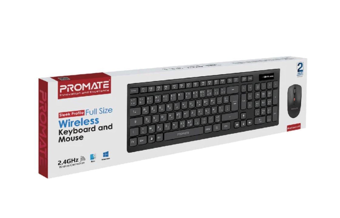 PROMATE Full Size Wireless Keyboard and Mouse. Spillproof Ergonomic Design. Buil