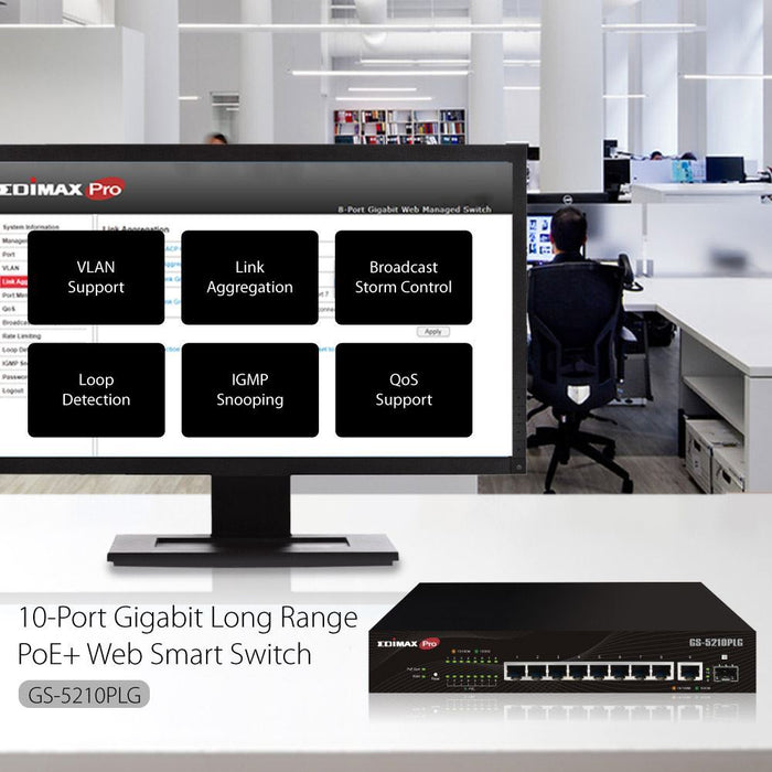 EDIMAX 10-Port Gigabit PoE+ Web Smart Switch with 1x SFP Port. Supports PoE+ up