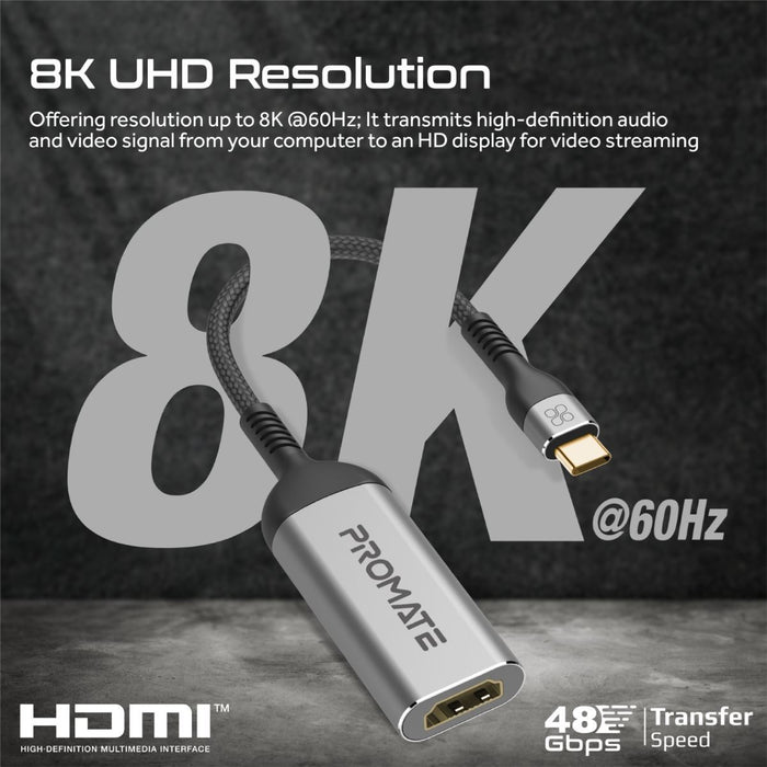 PROMATE USB-C to HDMI Adapter Supports up to 8K@60Hz HD Res. Sturdy Aluminium Ca
