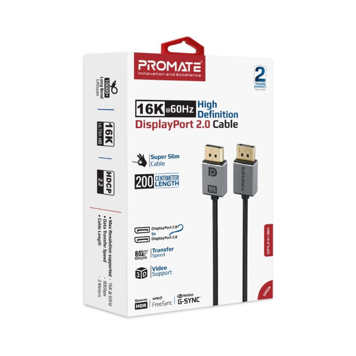 PROMATE 2m DisplayPort Cable. Supports HD up to 16K@60Hz. Supports 80Gbps Data T