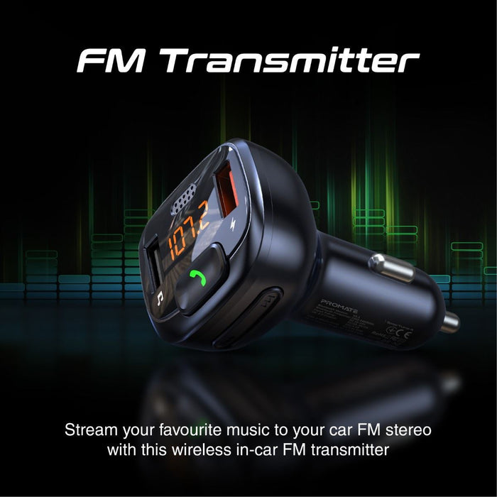 PROMATE Wireless In-Car FM Transmitter with Handsfree & QC3.0. Bult-in Mic; Blue