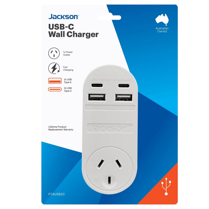 JACKSON USB 3.4A Wall Charger 2x USB & 2x USB-C Ports Plus 1x 3-Pin Socket