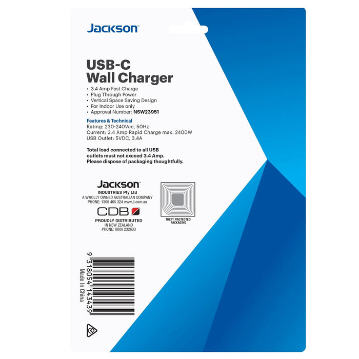 JACKSON USB 3.4A Wall Charger 2x USB & 2x USB-C Ports Plus 1x 3-Pin Socket