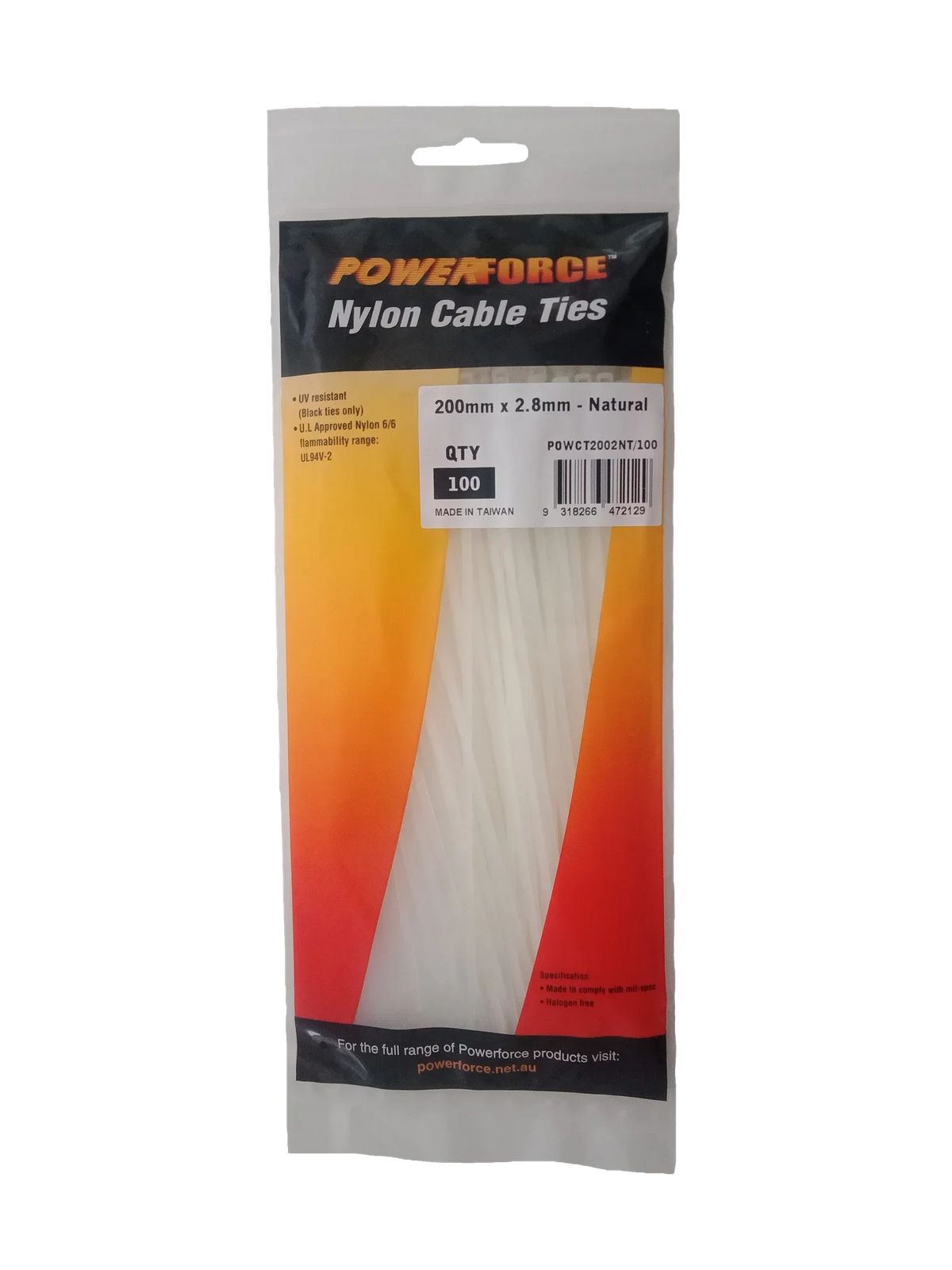 POWERFORCE Cable Tie Natural 200mm x 2.8mm Nylon Pack of 100. Made fro ...