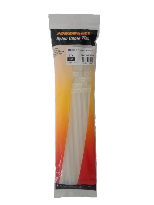 POWERFORCE Cable Tie Natural 280mm x 7.6mm Nylon Pack of 100. Made from U.L. App - LX2001 - Homewares, Outdoor, Phone Accessories, Cases, Speakers, Headphones + More -
