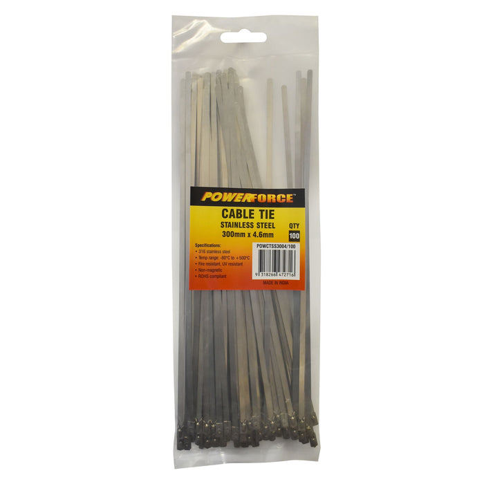 POWERFORCE Cable Tie 316SS 300mm x 4.6mm Pack of 100. Self Locking Ball-lock des