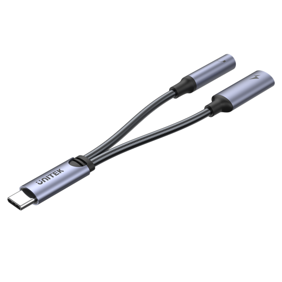 UNITEK 2-in-1 USB-C to 3.5mm Audio Jack & USB-C Charging Connector. Supports up