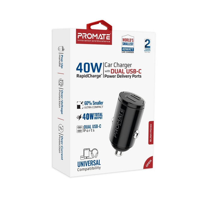 PROMATE Micro In-Car Phone Charger with 2x USB-C 20W Power Delivery. Includes Ea