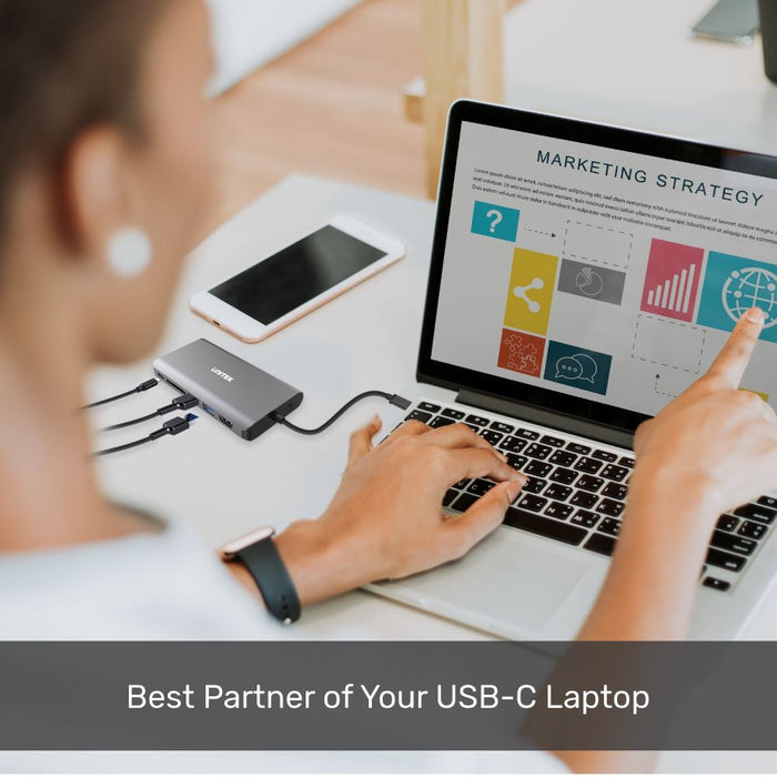 UNITEK 8-in-1 Multi-Port Hub with USB-C Connector. Supports PD100W & Includes 2x