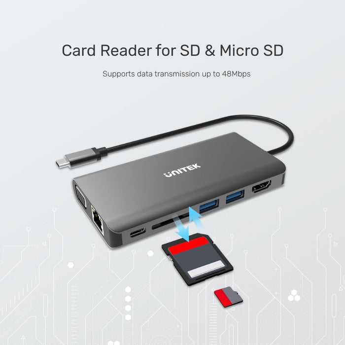 UNITEK 8-in-1 Multi-Port Hub with USB-C Connector. Supports PD100W & Includes 2x