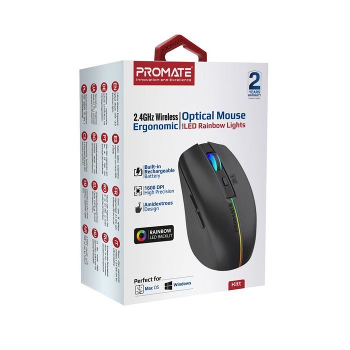 PROMATE Ergonomic Wireless Optical Mouse with LED Rainbow Lights & 500mAh Rechar