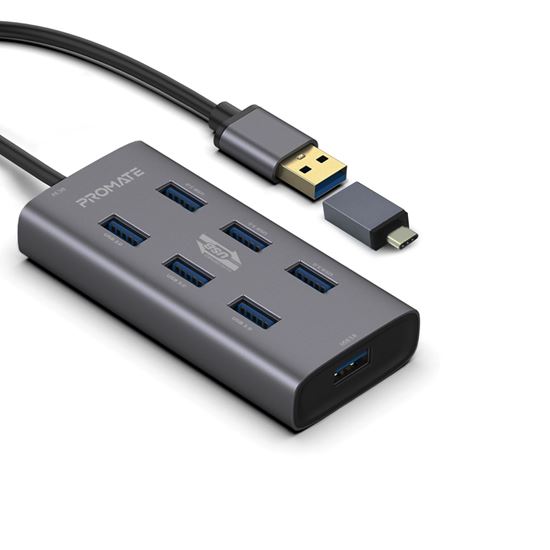 PROMATE Powered USB Hub with 7x USB 3.0 Ports Plus Additional USB-C Adaptor, Alu