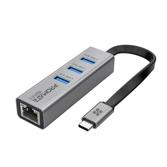PROMATE Multi-Port Hub with Ethernet Port & USB-C Connector. 3x USB-A 3.0 Ports,