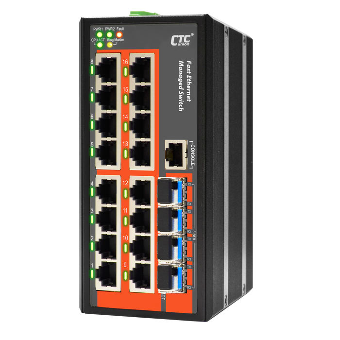 CTC UNION 16 Port Fast Ethernet Managed Switch.-10~60C. 16x 10/100Base-T(X), + 4