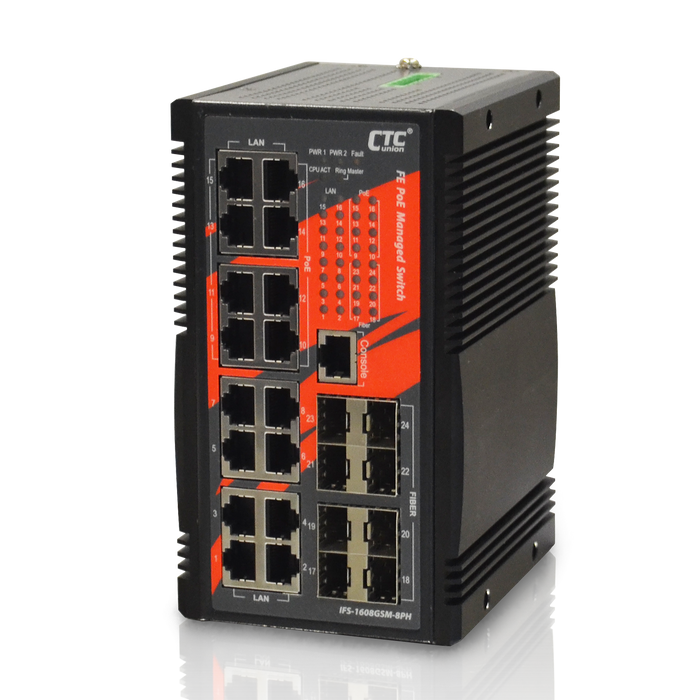 CTC UNION Industrial grade 16 Port Gigabit Managed PoE+ Switch. 8x Gbe SFP, 8x P