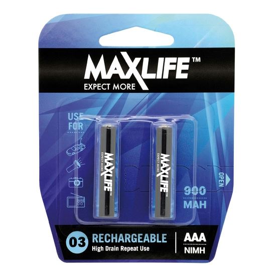 MAXLIFE AAA Rechargeable Battery NIMH 900mAh. 2Pk.