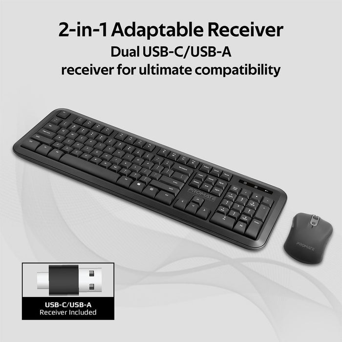 PROMATE Full Size Wireless Keyboard & Mouse Combo with Dual USB-A/C Dongle. Auto