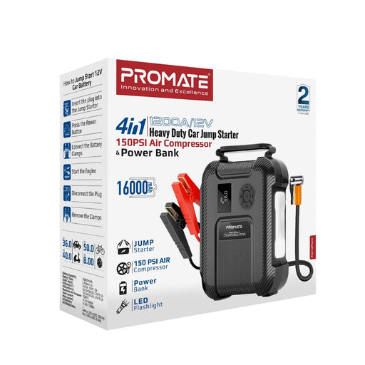 PROMATE 4-in-1 1200A/12V Heavy Duty Car Jump Starter & Air Compressor. 16000mAh