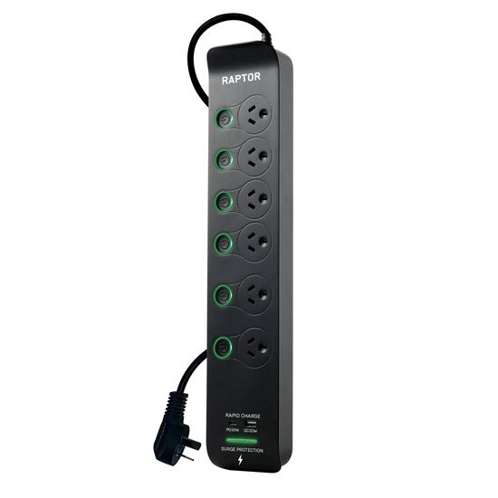 JACKSON 6-Way Raptor Powerboard with Surge & Overload Protection. 6x Individual