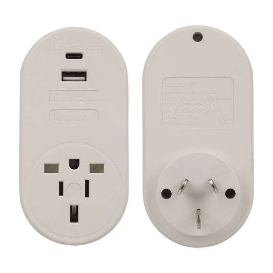 JACKSON Inbound Travel Adaptor with 1x USB-A and 1x USB-C (2.1A) Charging Ports.